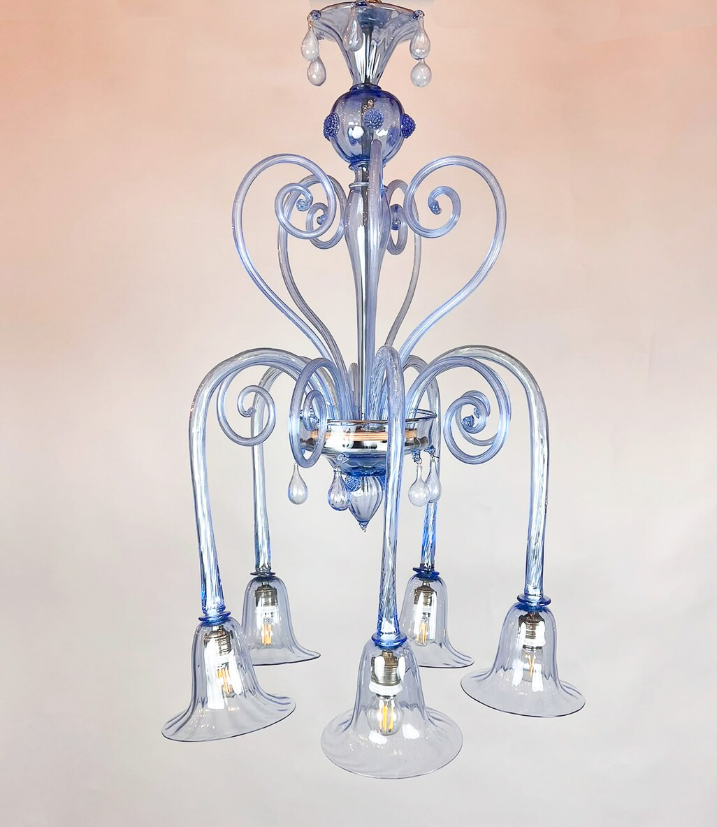  Five-Arm Murano Glass Chandelier With Scrollwork, 20th Century