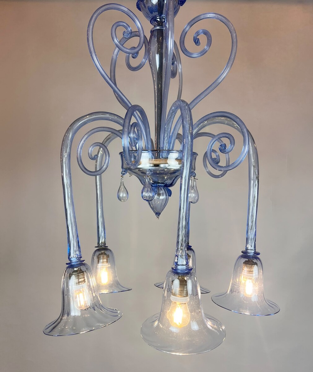  Five-Arm Murano Glass Chandelier With Scrollwork, 20th Century