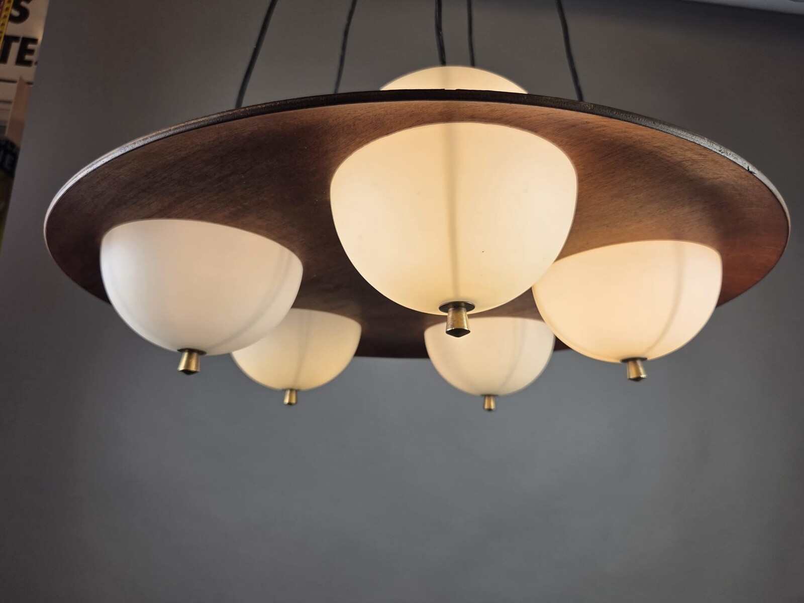 Goffredo Reggiani, Opaline Glass Chandelier With Teak Frame, Italy, 1960s