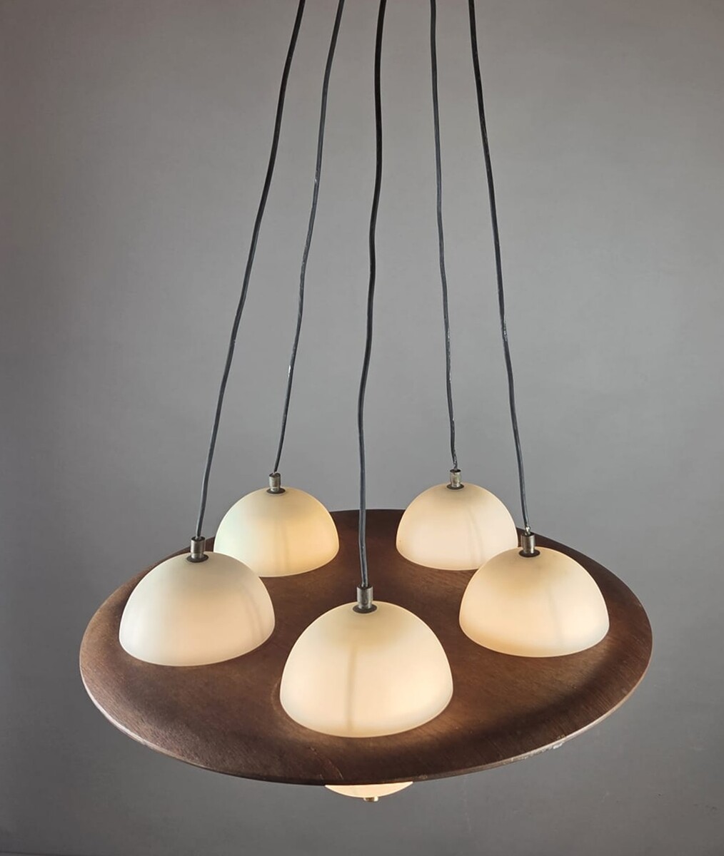 Goffredo Reggiani, Opaline Glass Chandelier With Teak Frame, Italy, 1960s