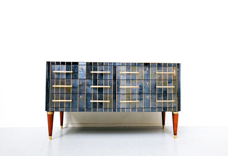 1950s custom italian chest of drawers in glass, brass and wood