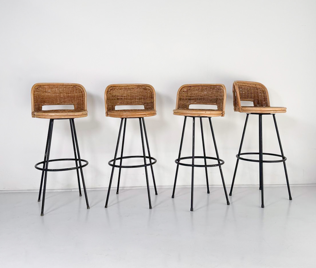 4 Bar Stools, Wicker and Wrought Iron, 1960s - Sold per item 