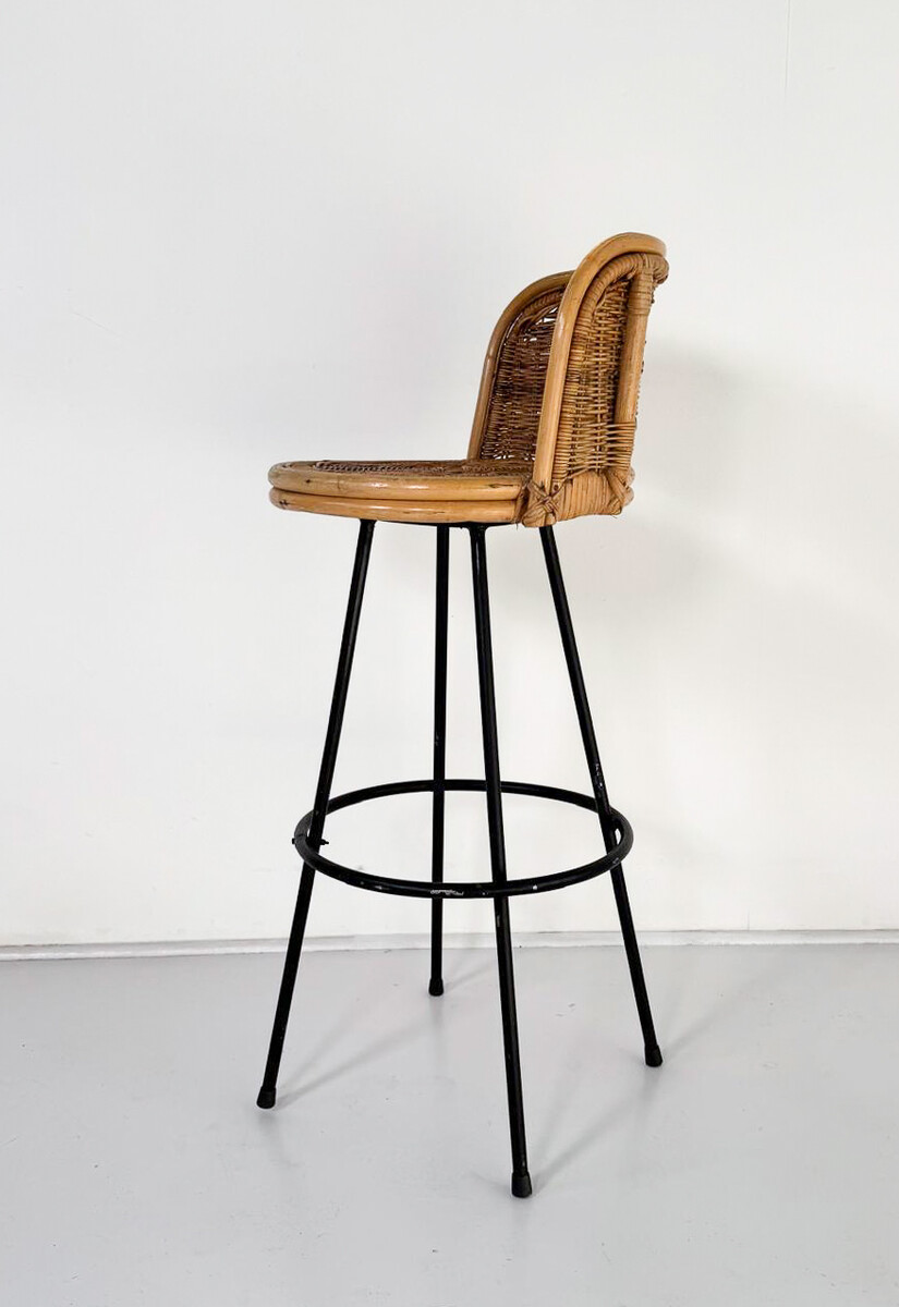 4 Bar Stools, Wicker and Wrought Iron, 1960s - Sold per item 