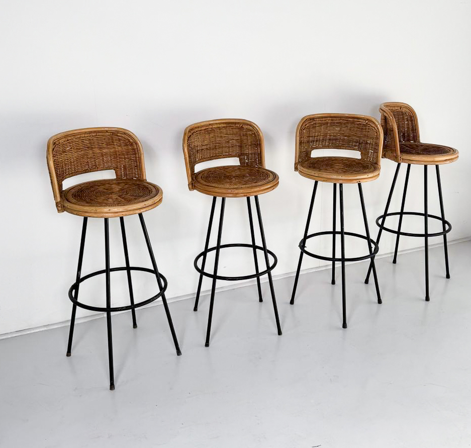 4 Bar Stools, Wicker and Wrought Iron, 1960s - Sold per item 