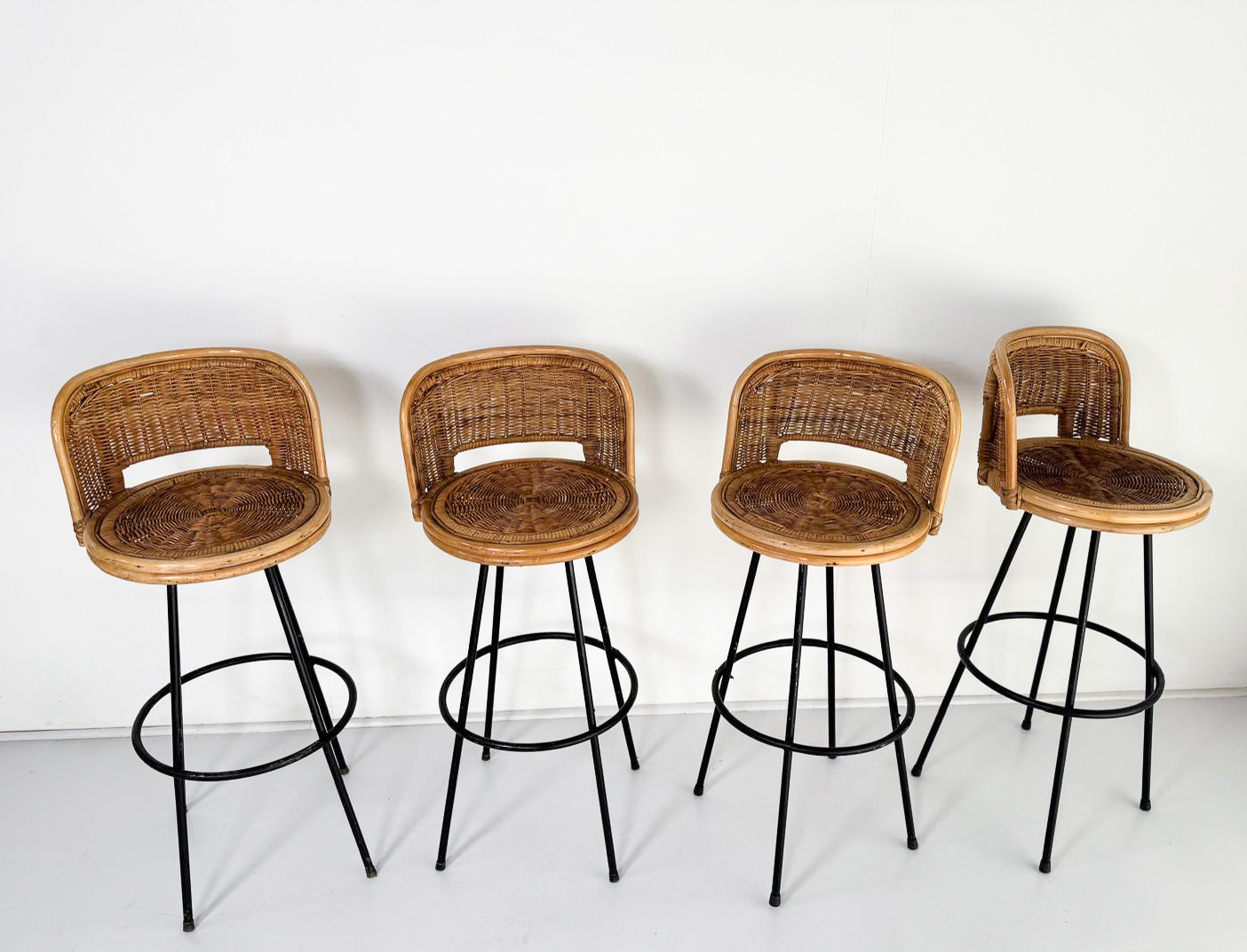 4 Bar Stools, Wicker and Wrought Iron, 1960s - Sold per item 