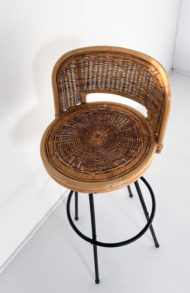 4 Bar Stools, Wicker and Wrought Iron, 1960s - Sold per item 