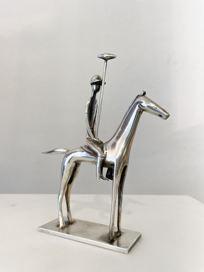 Art Deco Hagenauer Silvered Metal Sculpture of a Polo Player, 1930s