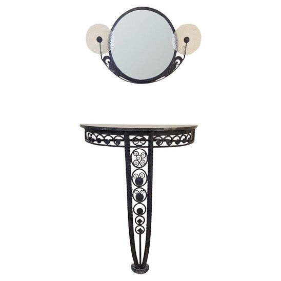 Art Deco Wrought Iron Console Table And Mirror, Circa 1940
