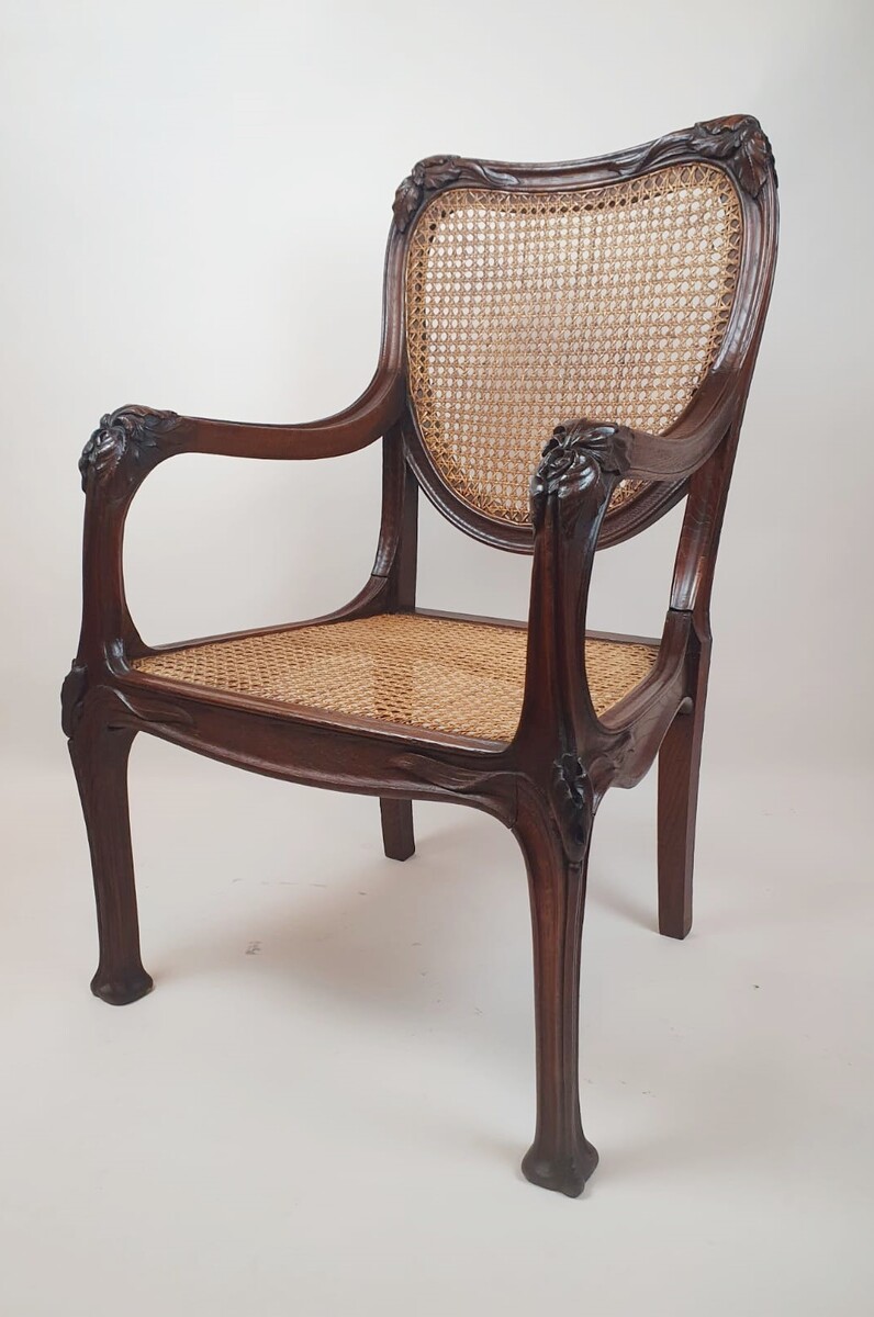 Art Nouveau Armchair In Oak And Canework