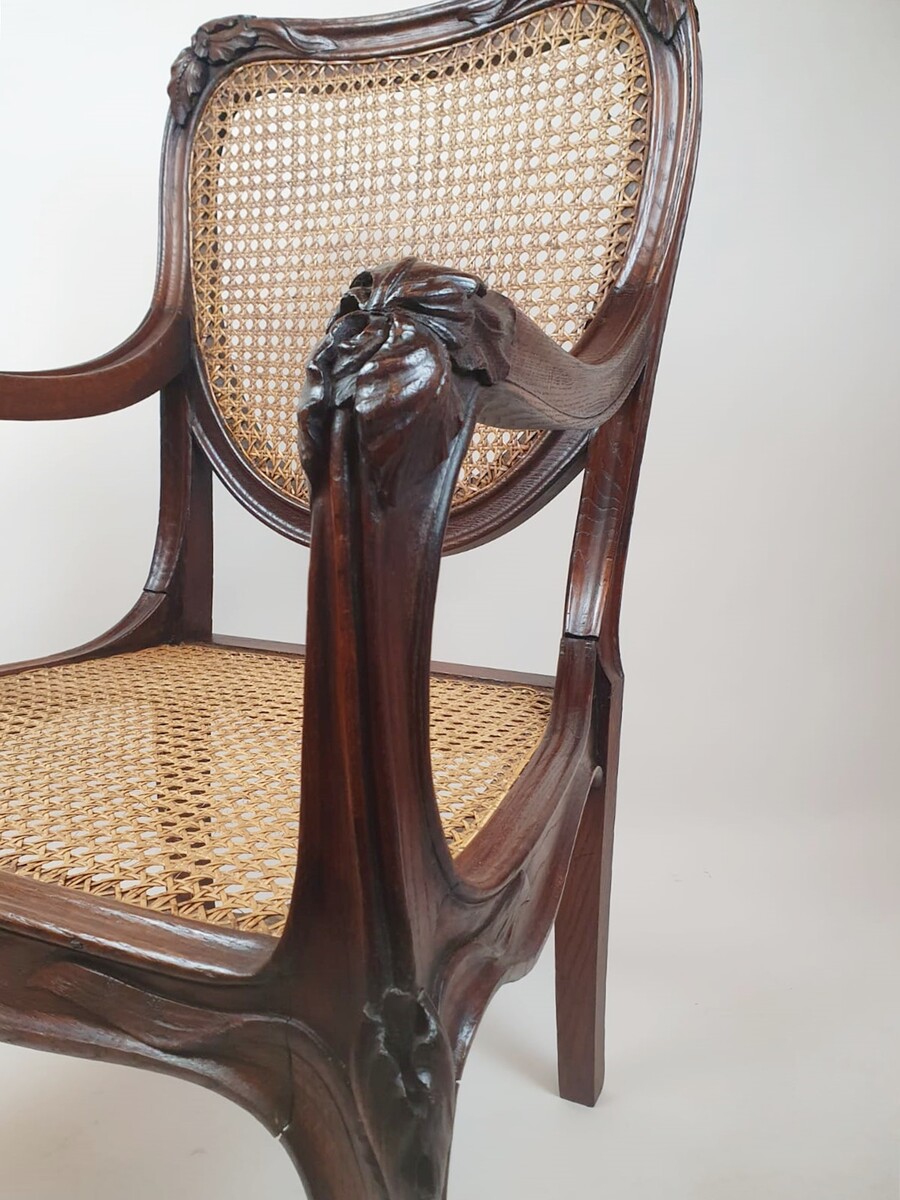 Art Nouveau Armchair In Oak And Canework