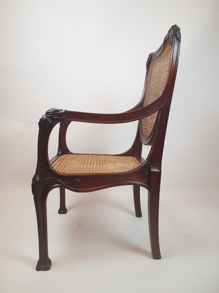 Art Nouveau Armchair In Oak And Canework