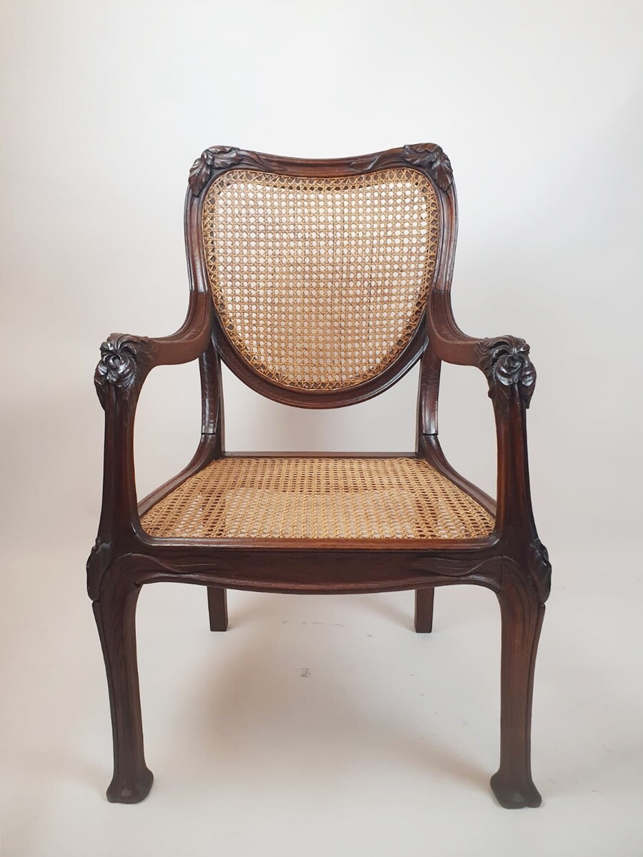 Art Nouveau Armchair In Oak And Canework