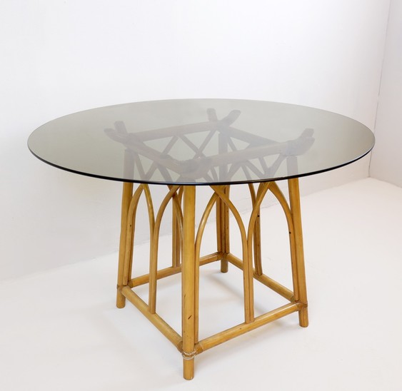 Bamboo Round Dining Table With Smoked Glass Top, 1970s