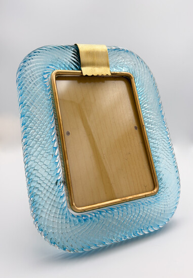 Barovier & Toso Blue Murano Glass and Brass Picture Frame, 2000s