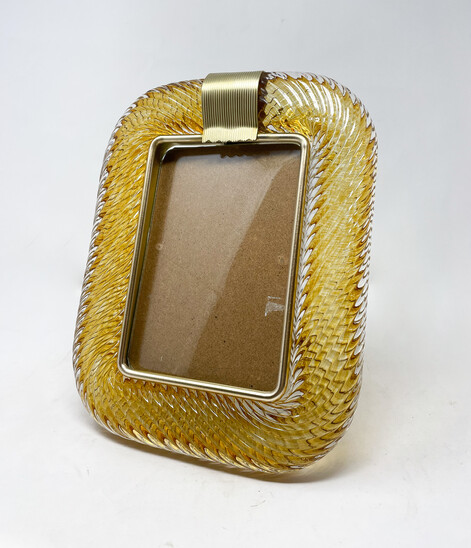 Barovier & Toso Yellow Murano Glass and Brass Picture Frame, 2000s