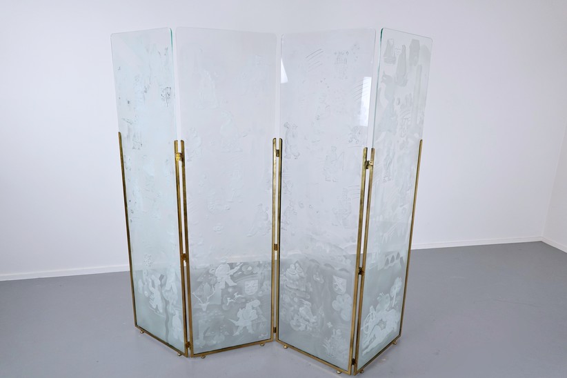 Belgian Foldingscreen Composed of Four Engraved Glass Panels