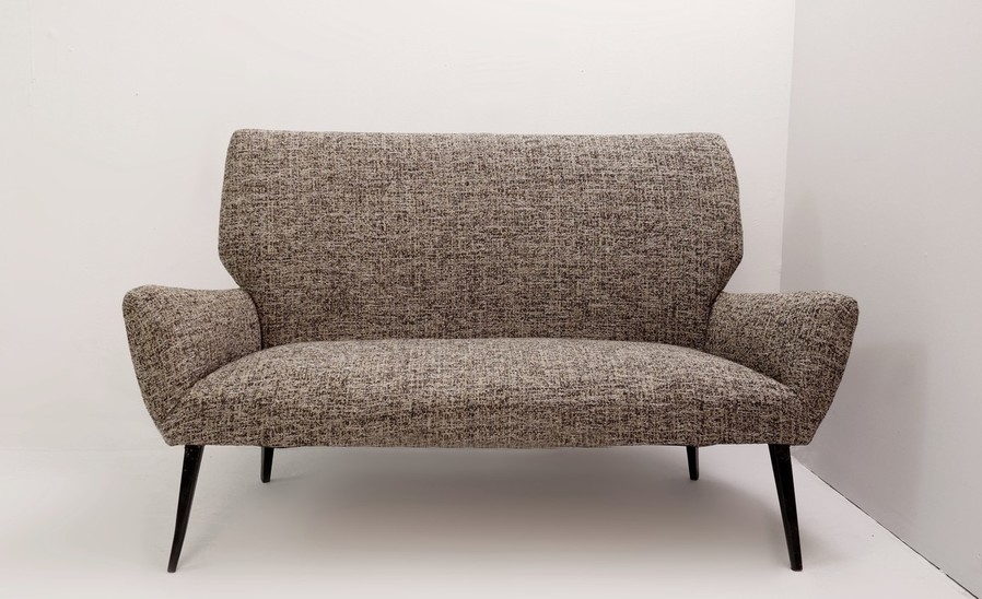 Black Laquered Wood Legs Sofa - New Upholstery - Italy 1950s