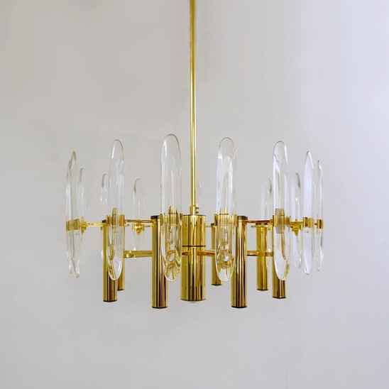 Brass And Glass Chandelier From Sciolari Italy 1970