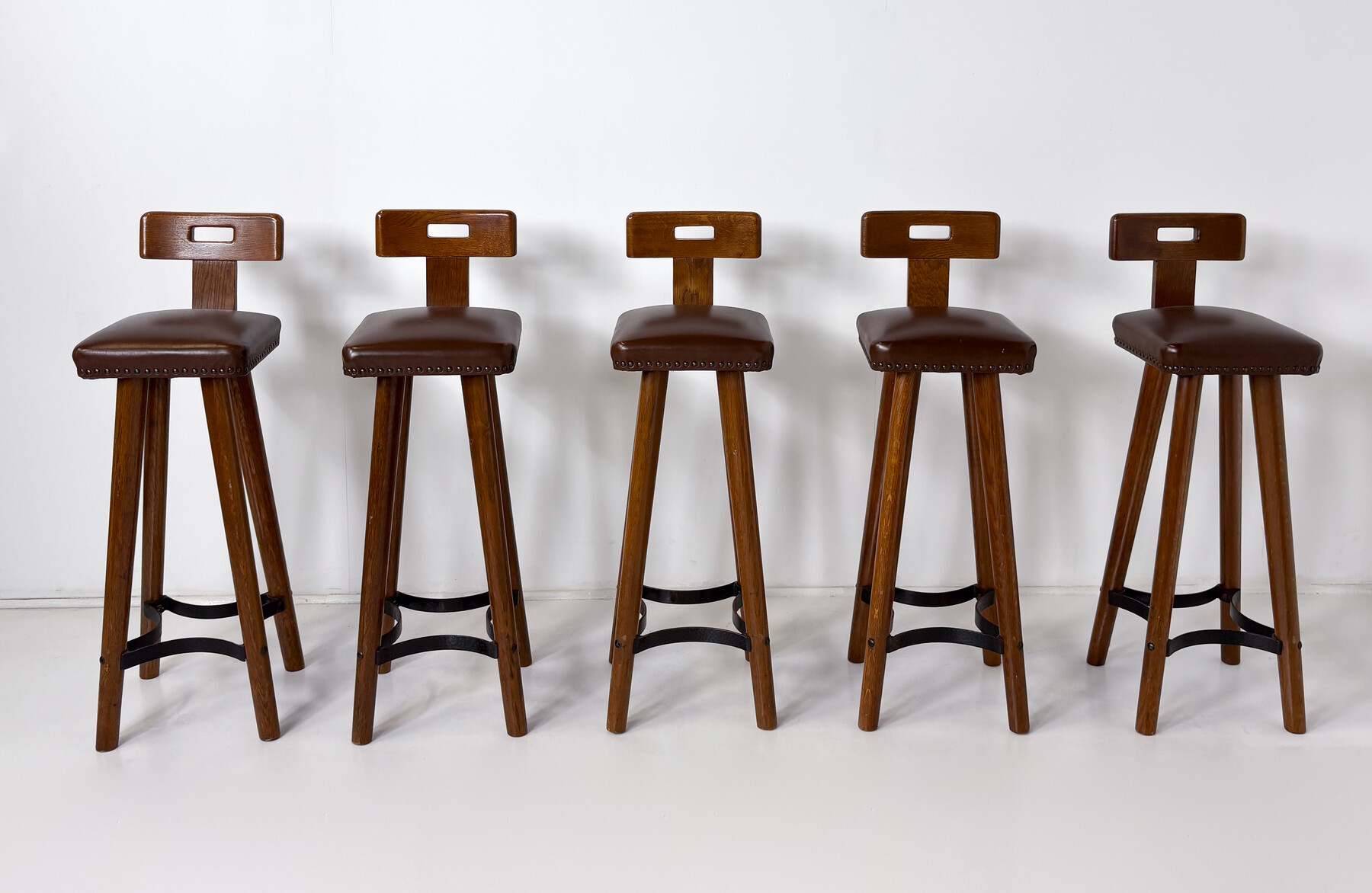Brutalist Bar Stool, Wood and Leather, 1970s - 5 available