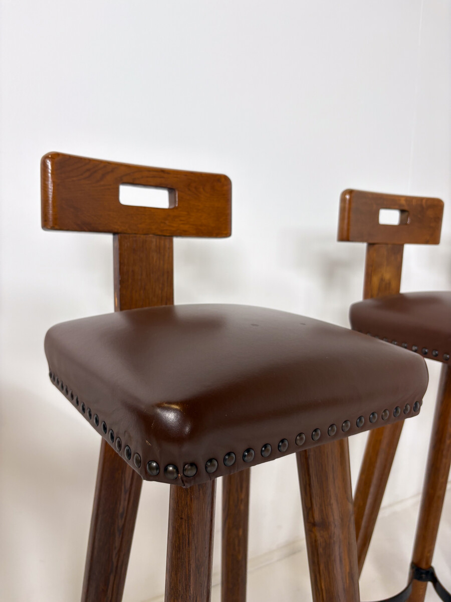 Brutalist Bar Stool, Wood and Leather, 1970s - 5 available