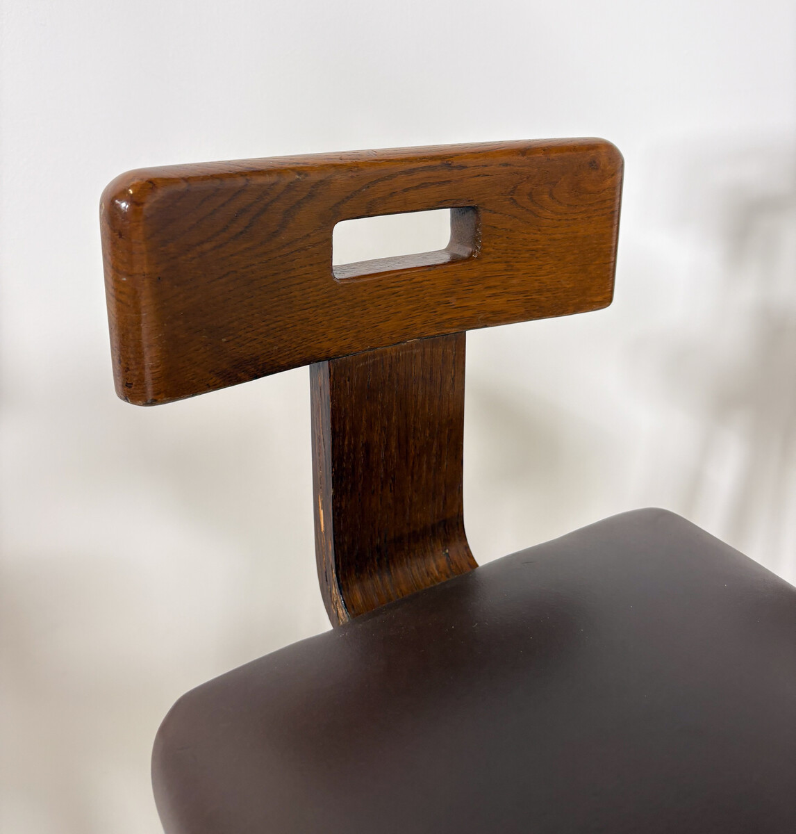 Brutalist Bar Stool, Wood and Leather, 1970s - 5 available