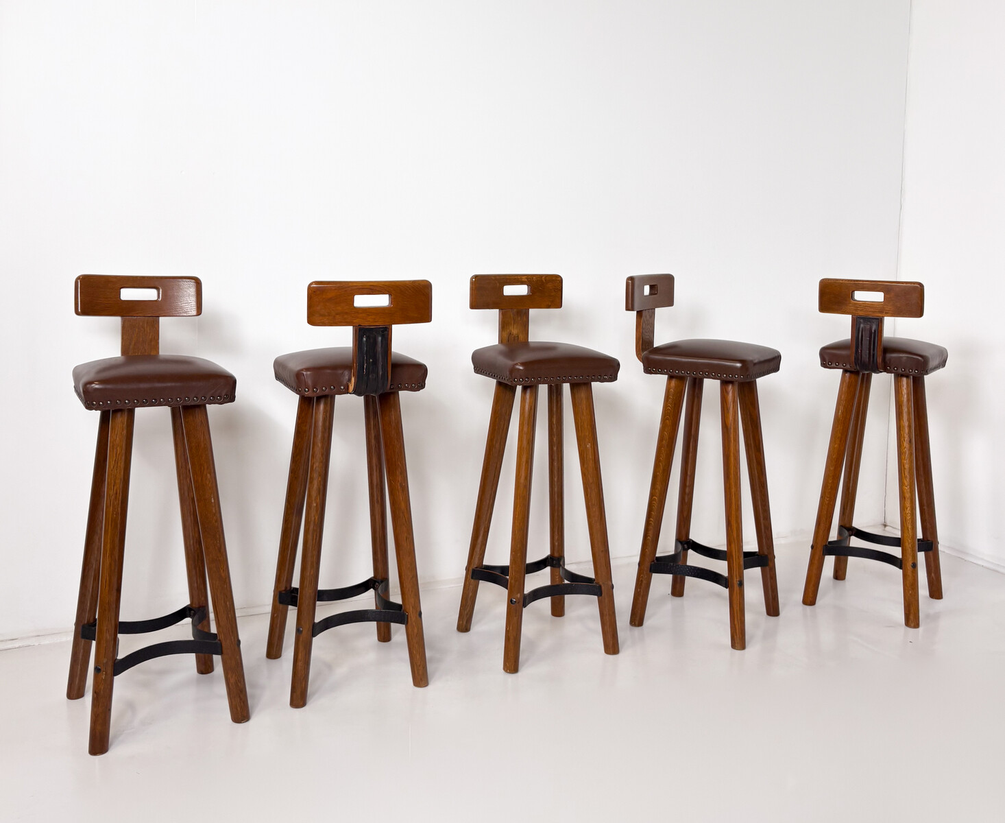 Brutalist Bar Stool, Wood and Leather, 1970s - 5 available