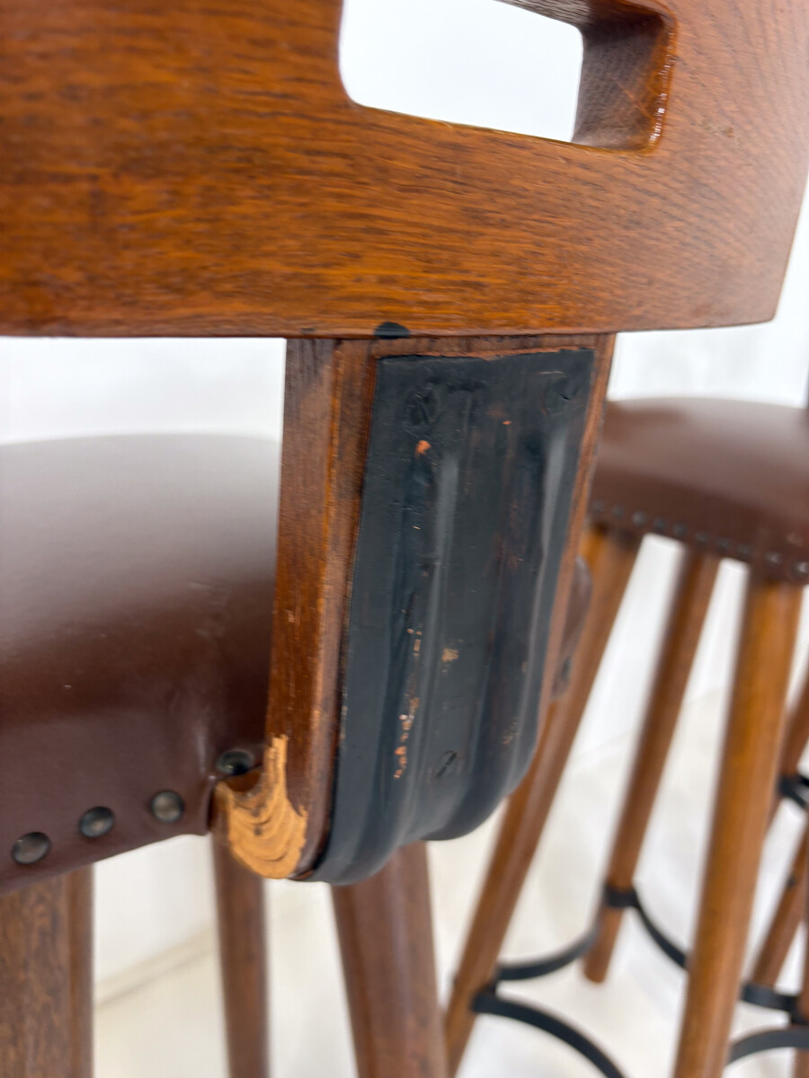Brutalist Bar Stool, Wood and Leather, 1970s - 5 available