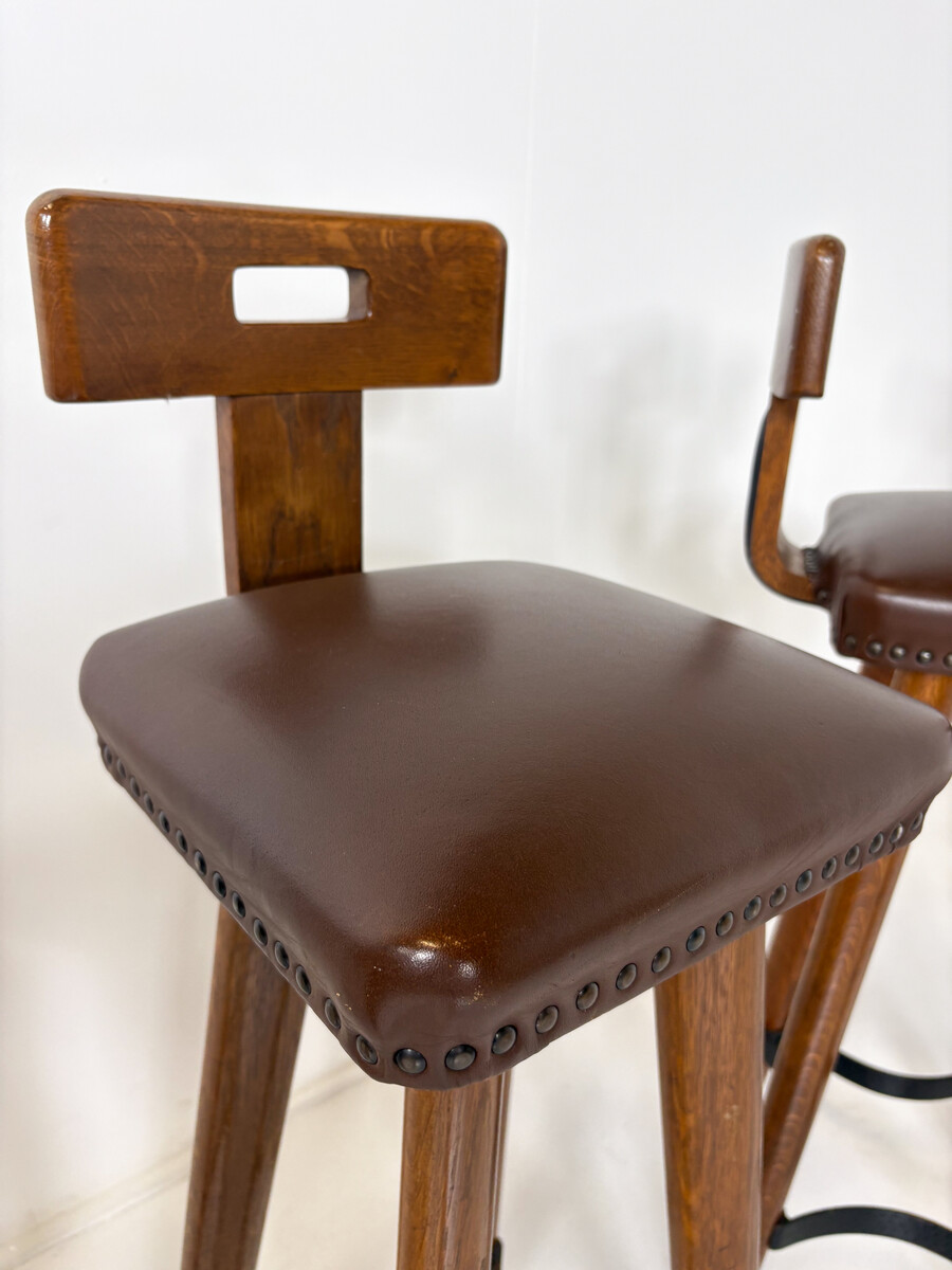 Brutalist Bar Stool, Wood and Leather, 1970s - 5 available