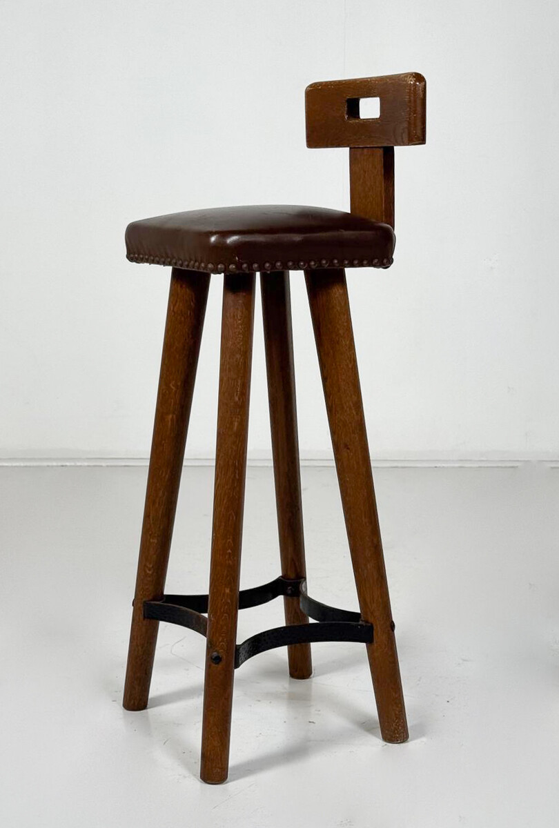 Brutalist Bar Stool, Wood and Leather, 1970s - 7 available