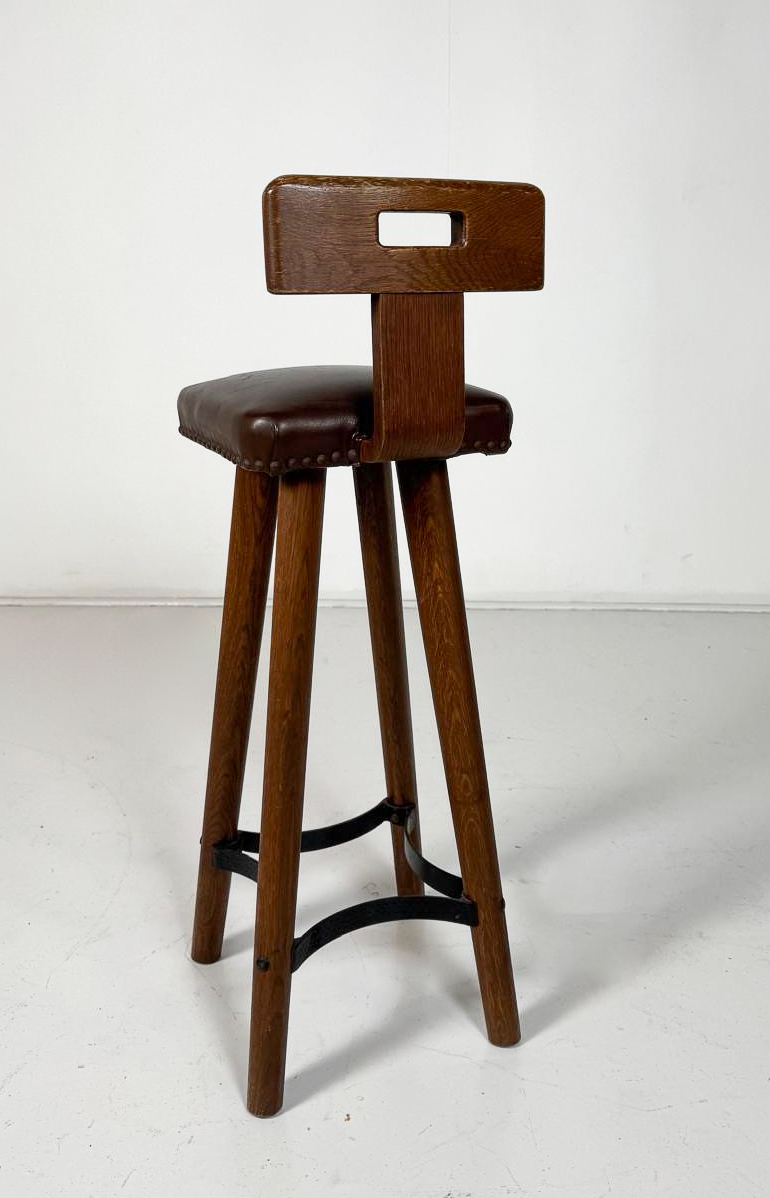 Brutalist Bar Stool, Wood and Leather, 1970s - 7 available