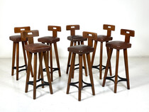 Brutalist Bar Stool, Wood and Leather, 1970s - 7 available