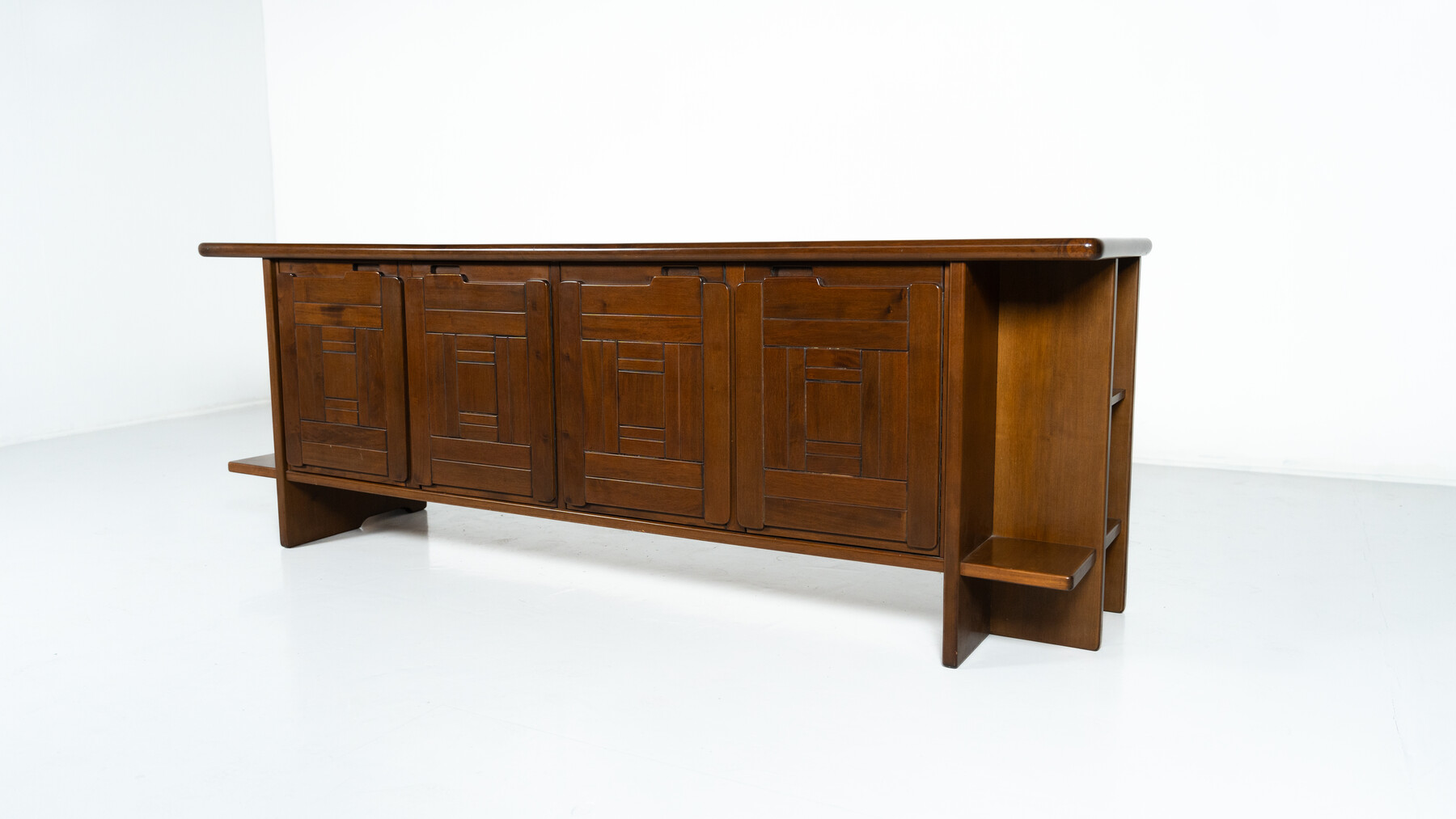 Brutalist Sideboard with Graphical Doors, Walnut, 1970s