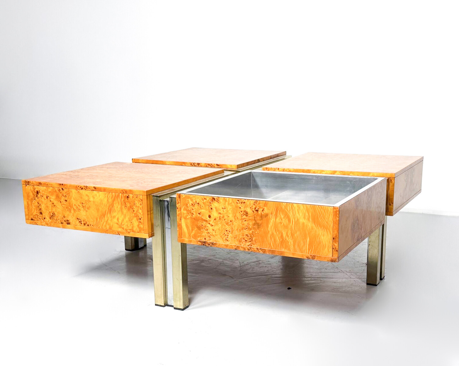 Burl Wood and Metal Coffee Table, Italy, 1970s
