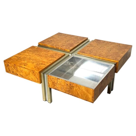 Burl Wood and Metal Coffee Table, Italy, 1970s