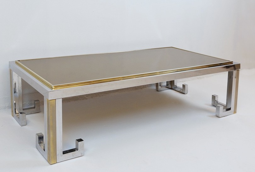 Chrome And Brass Coffee Table With Smoke Mirror Top