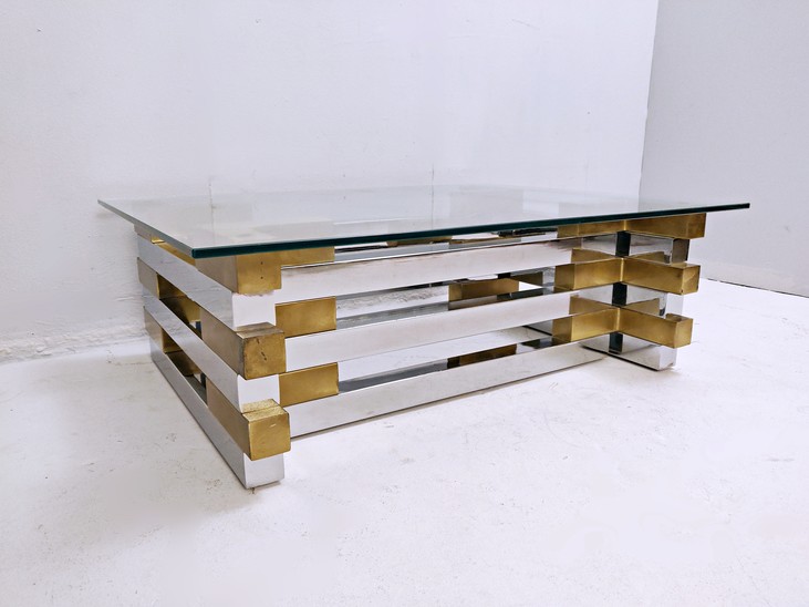 Coffee Table in Brass, Plexiglass and Glass