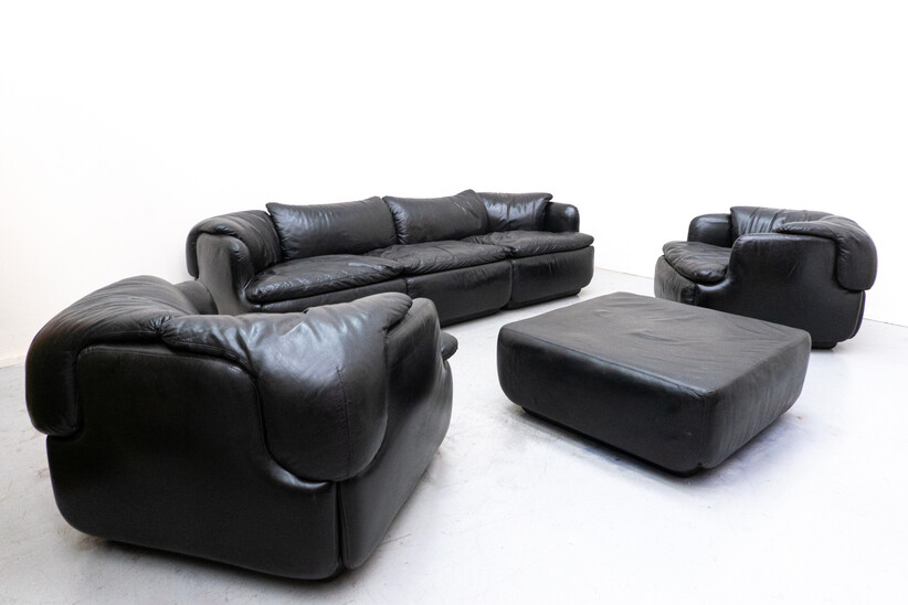 Confidential sofa set by Alberto Rosselli for Saporiti, Black Leather,  Italy, 1970s