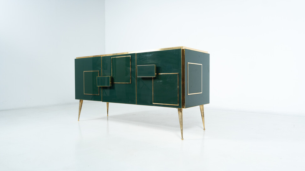 Contemporary Green Sideboard, Wood and Glass