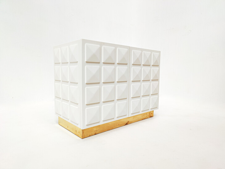 Contemporary Italian Chest, White Lacquered Wood and Brass, Italy