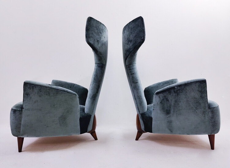 Contemporary Pair of Italian Armchairs, Renzo Zavanella Reissue, Wood and Velvet