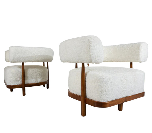 Contemporary Pair of Italian Armchairs, Wood and White Boucle Fabric