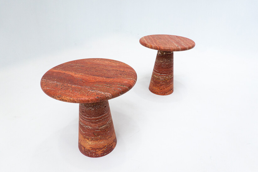 Contemporary Pair of Italian Red Travertine Side Tables