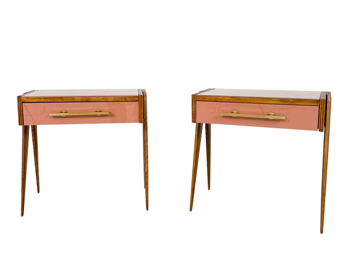 Contemporary Pair of Pink Nightstands, Wood and Glass, Italy