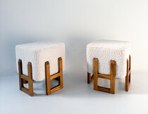 Contemporary Pair of Stool, Wood and White Boucle Fabric, Italy