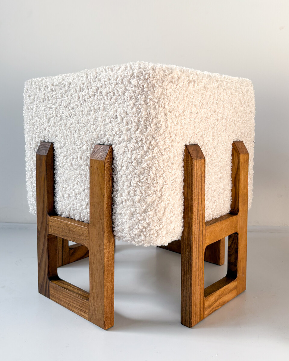 Contemporary Pair of Stool, Wood and White Boucle Fabric, Italy