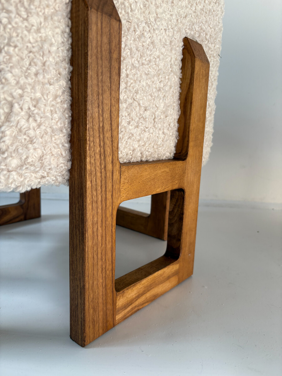 Contemporary Pair of Stool, Wood and White Boucle Fabric, Italy