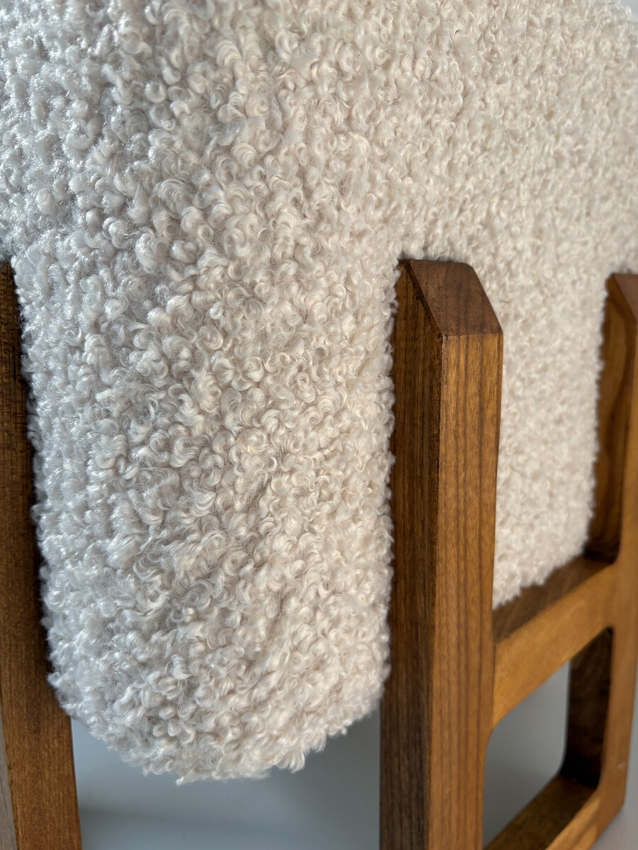 Contemporary Pair of Stool, Wood and White Boucle Fabric, Italy