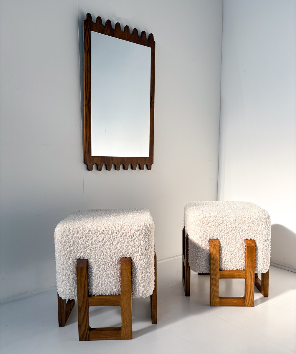 Contemporary Pair of Stool, Wood and White Boucle Fabric, Italy