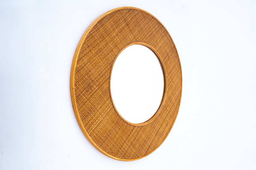 Contemporary round italian rattan mirror