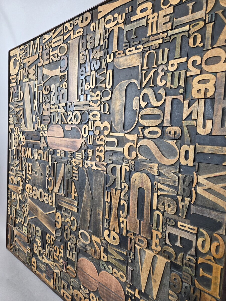 Decorative Wooden Panel adorned with Antique Printing Letters, 1 Available